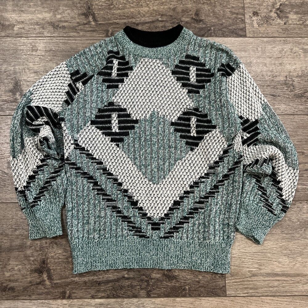 Vintage 80s Cambio Teal Gray Black Knit Sweater Made in Korea - Women's Small